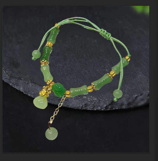 Bamboo Bracelet Jade Stones Lucky Money Bag Pendant Charm Stretch Beaded Bracelets