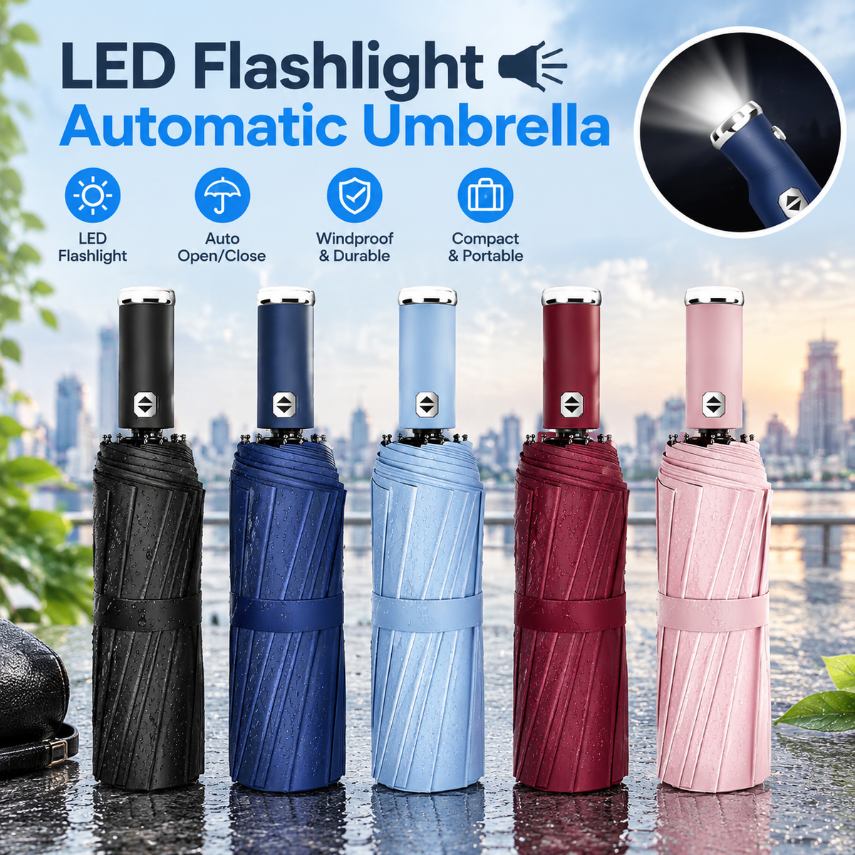 Automatic Umbrella with LED Flashlight