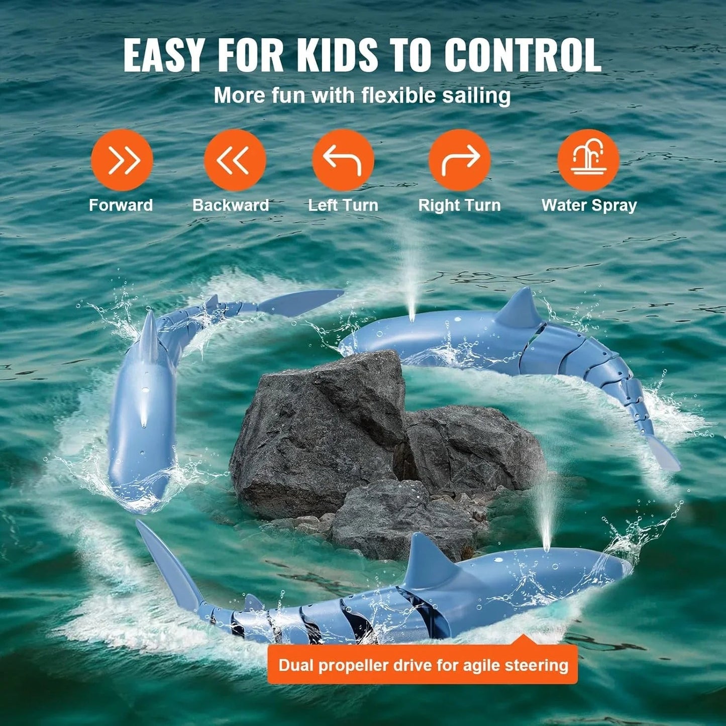 Remote Control Swimming Shark Toy with Realistic Spray & Light