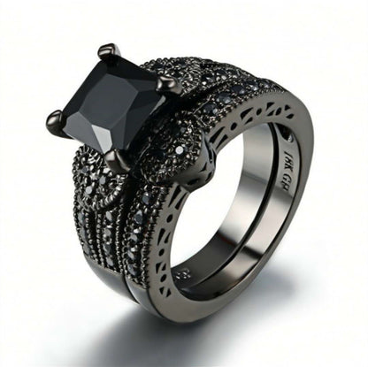 Couple Ring His Hers Women Black Gold Filled Cz Men Stainless Steel