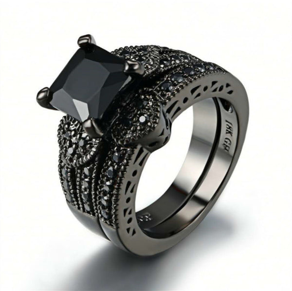 Couple Ring His Hers Women Black Gold Filled Cz Men Stainless Steel