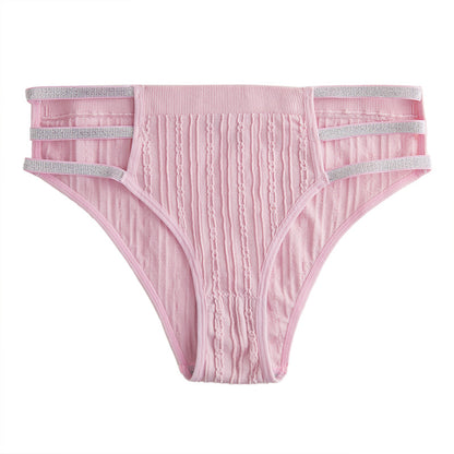 5Pcs Shiny Waistband Women's Low Rise Panties, Ribbed Cotton