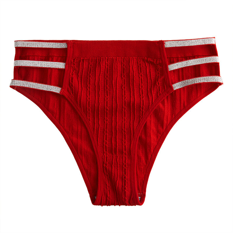 5Pcs Shiny Waistband Women's Low Rise Panties, Ribbed Cotton