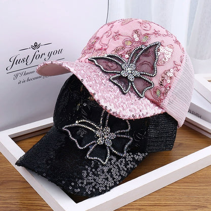 Sequined Rhinestone Baseball Cap Outdoor Summer Shade Ladies Big Butterfly Cap