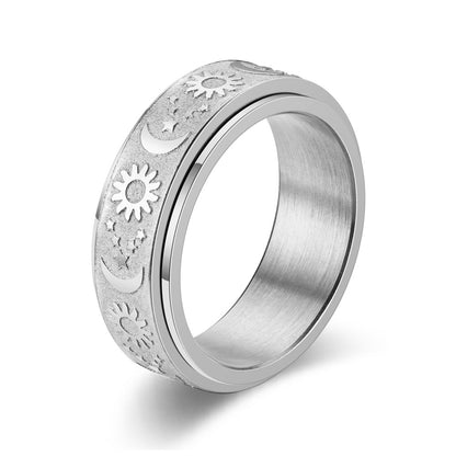 8mm Titanium Stainless Fidget Spinner Ring: Moon Star Sun Carved