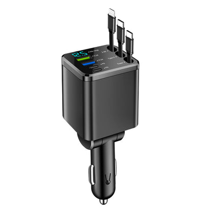 7-in-1 Retractable Car Charger with Digital Display, 4-Port & Triple Built-in Cables