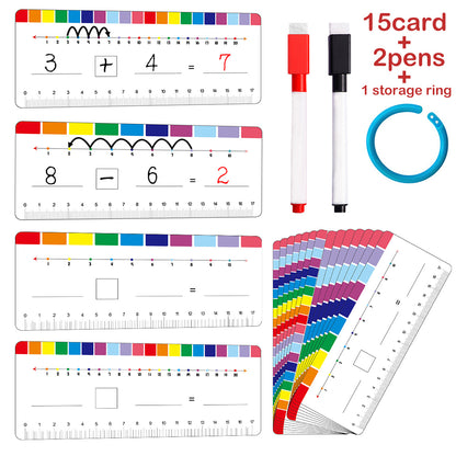 15 Reusable Write & Wipe 0-20 Addition/Subtraction Cards with 2 Markers & Ring