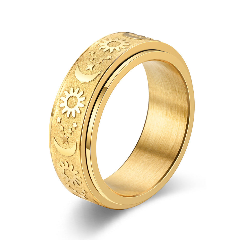 8mm Titanium Stainless Fidget Spinner Ring: Moon Star Sun Carved