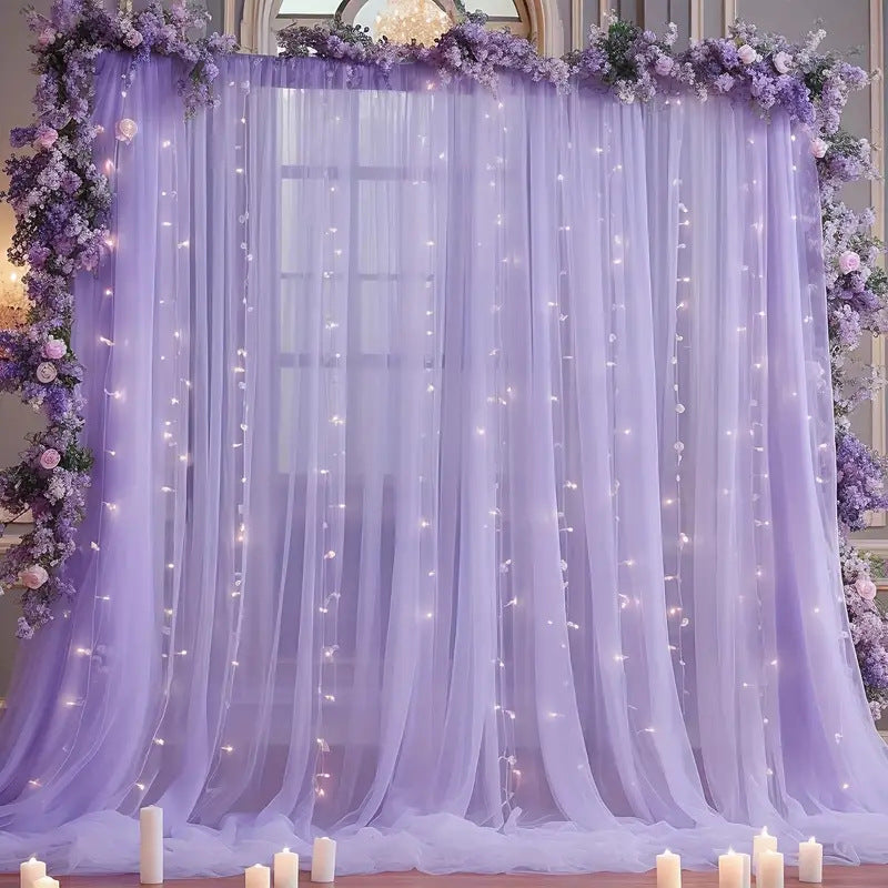 Sheer Backdrop Curtain with Warm LED String Lights for Weddings, Parties & Photo Booth, 63" x 118"