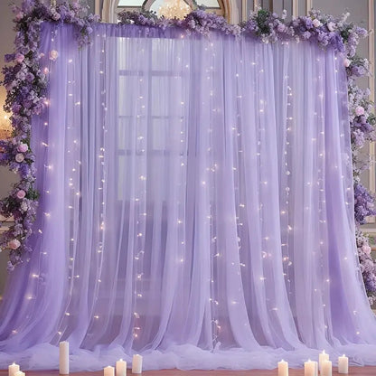 Sheer Backdrop Curtain with Warm LED String Lights for Weddings, Parties & Photo Booth, 63" x 118"