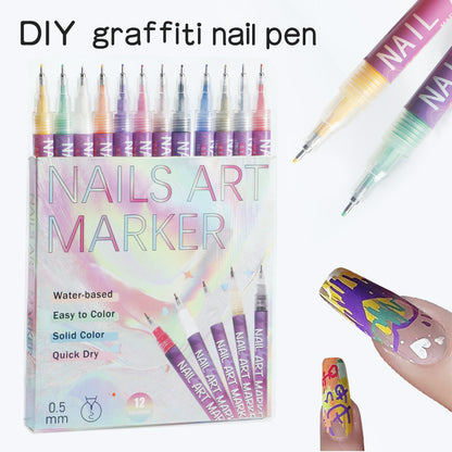 12 Colors 0.5MM Nail Art Graffiti Pens Set for 3D Nail Art, Nail Painting