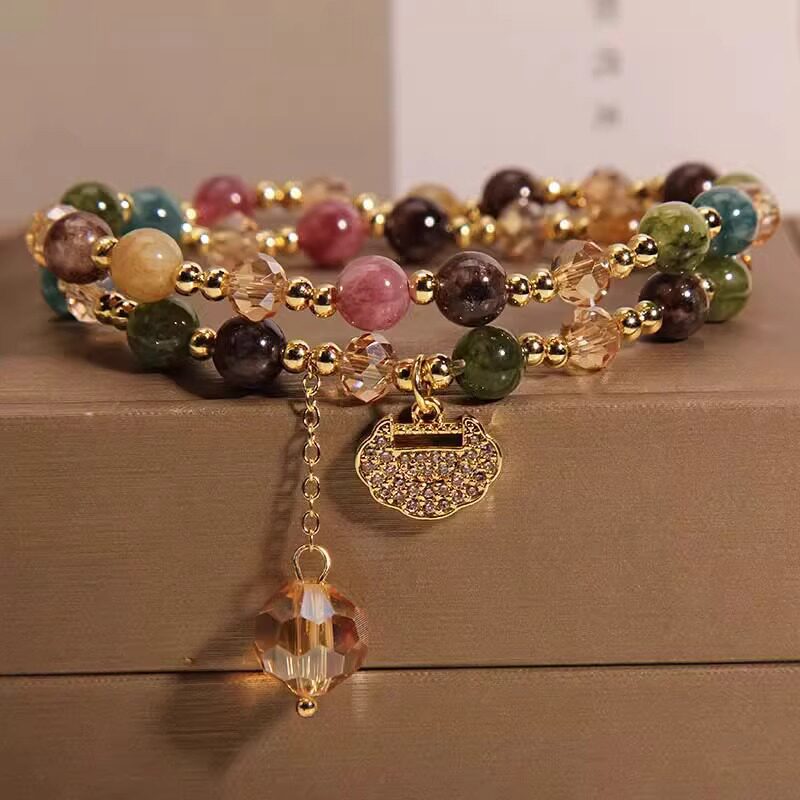 High-End Double Layer Rainbow Tourmaline Beads money Bracelet – Longevity Lock Charm