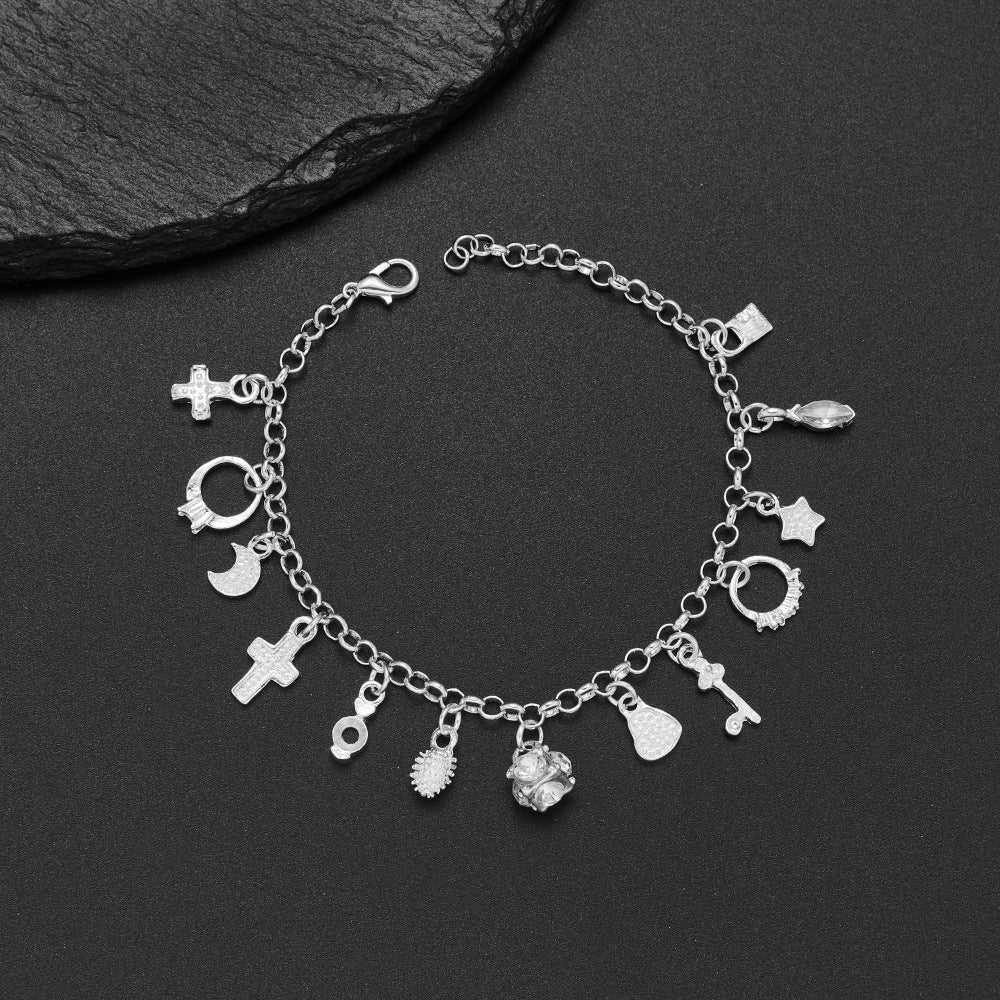 Women Adjustable Thirteen Hanging Pieces Bracelet Charm Heart Moon Star Key Lock Cross Pendant Bangle