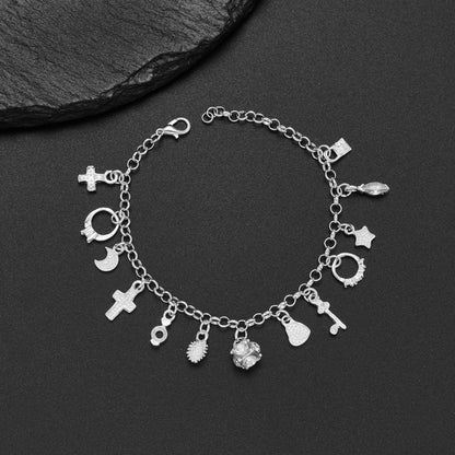 Women Adjustable Thirteen Hanging Pieces Bracelet Charm Heart Moon Star Key Lock Cross Pendant Bangle