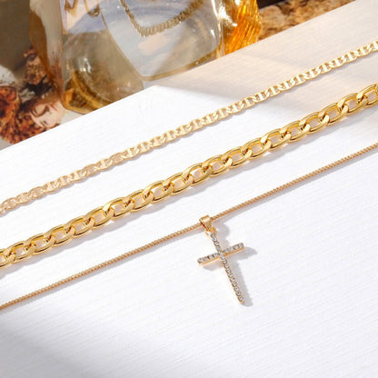 Stackable Gold & Silver Cross Pendant Chokers, Trendy 3-Layer Gift