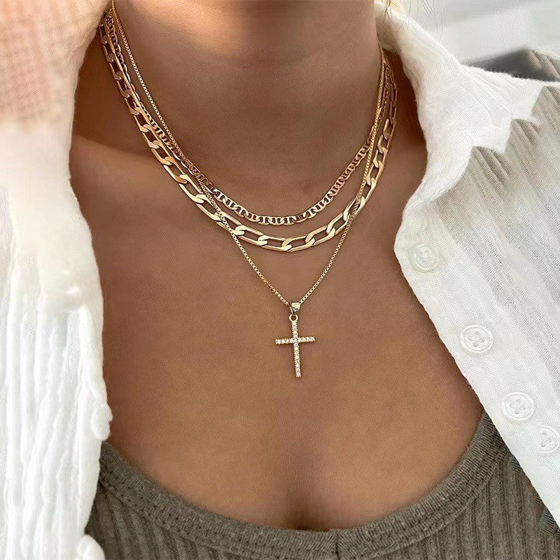 Stackable Gold & Silver Cross Pendant Chokers, Trendy 3-Layer Gift