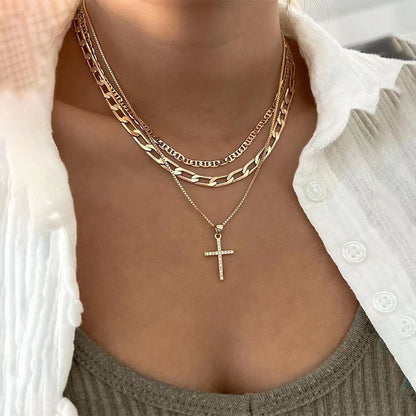 Stackable Gold & Silver Cross Pendant Chokers, Trendy 3-Layer Gift