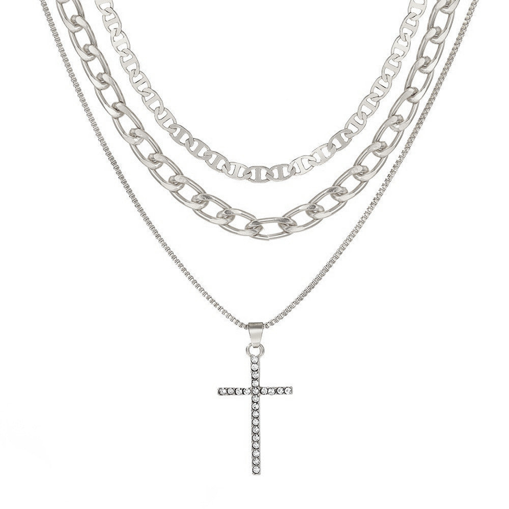 Stackable Gold & Silver Cross Pendant Chokers, Trendy 3-Layer Gift