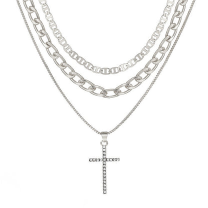 Stackable Gold & Silver Cross Pendant Chokers, Trendy 3-Layer Gift