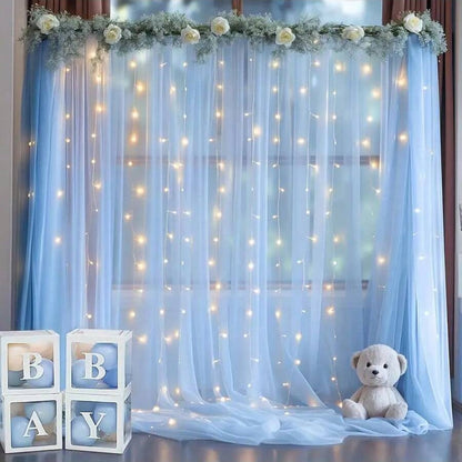 Sheer Backdrop Curtain with Warm LED String Lights for Weddings, Parties & Photo Booth, 63" x 118"