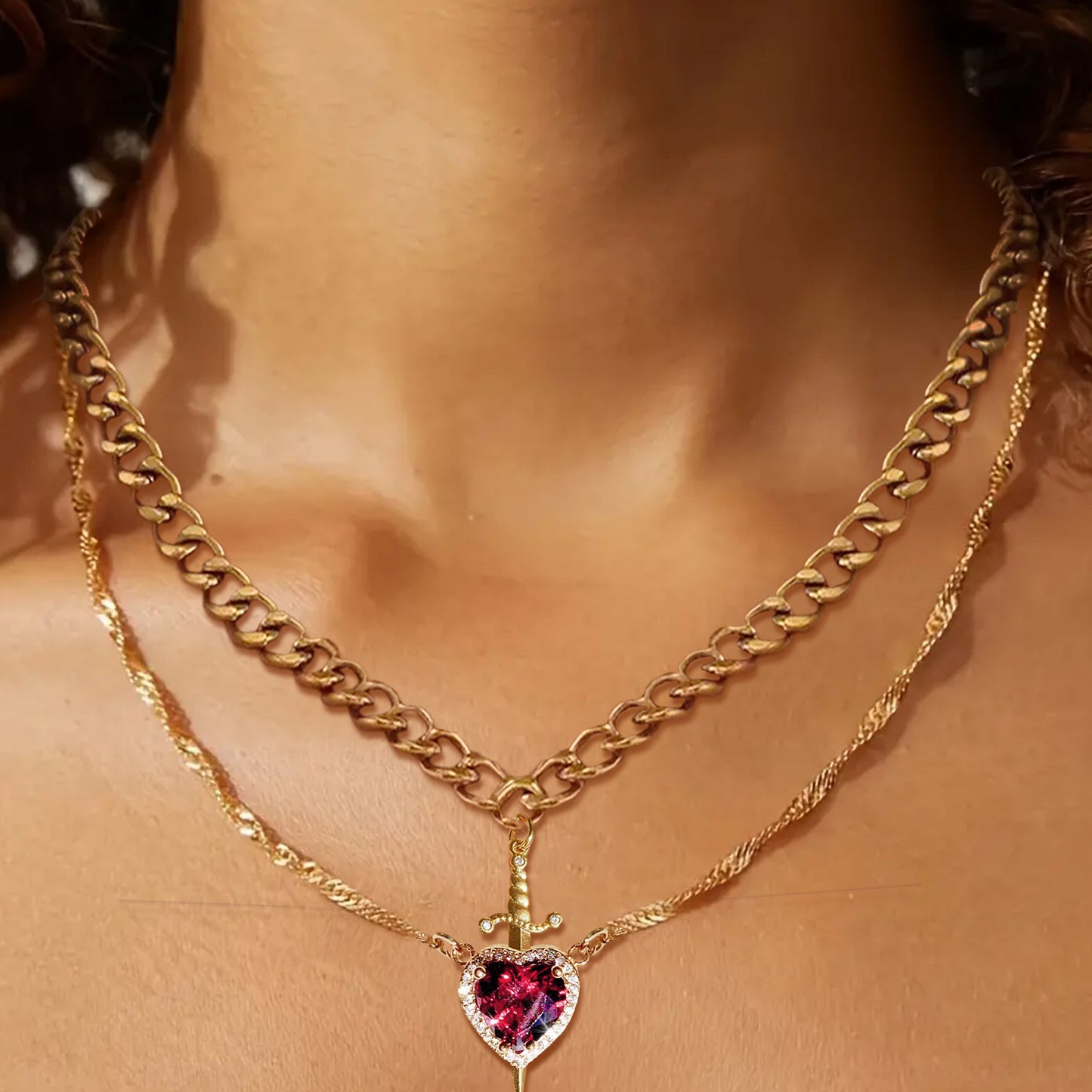 Matching Sword Through Heart Necklace Set for Couples