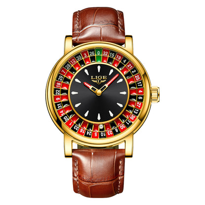 Unique Luxury Quartz Analog Roulette Leather Watch for Men