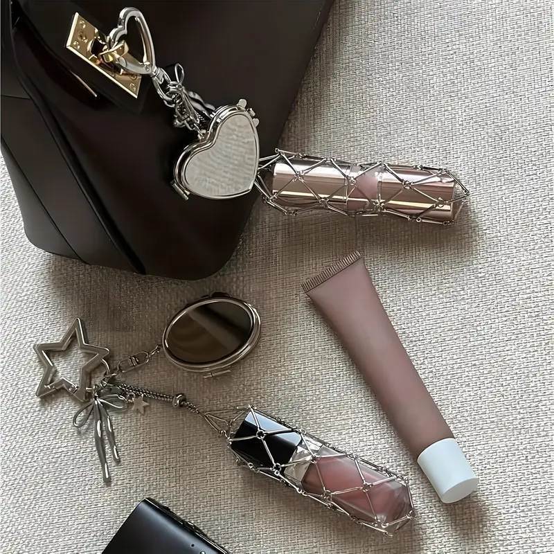 2Pcs Lip Gloss Storage Keychain — Features a Mirror and a Cute Bow Charm
