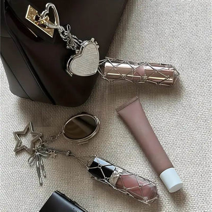 2Pcs Lip Gloss Storage Keychain — Features a Mirror and a Cute Bow Charm
