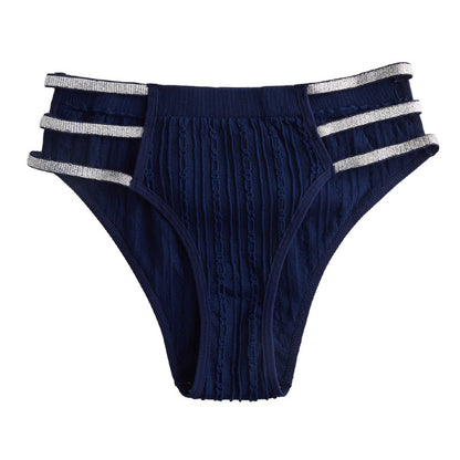 5Pcs Shiny Waistband Women's Low Rise Panties, Ribbed Cotton