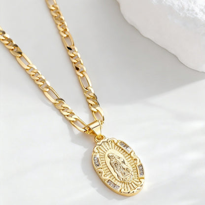 Guadalupe Virgin Mary Oval Zircon Inlay Pendant Necklace for Women Men