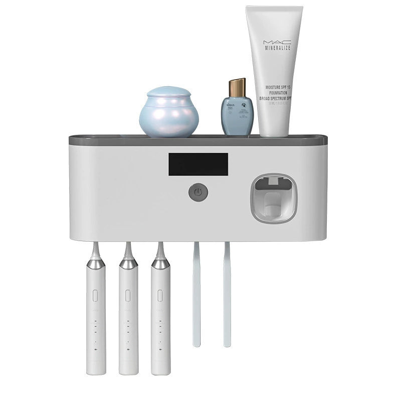 Toothbrush Holder Wall Mounted with Toothpaste Dispenser Bathroom Solar Charging and No Drilling Required Tooth Brush Holder with 5 Brush Slots
