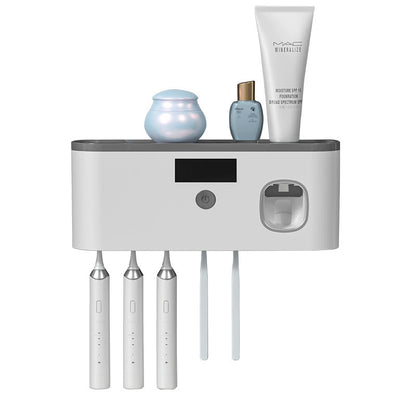 Toothbrush Holder Wall Mounted with Toothpaste Dispenser Bathroom Solar Charging and No Drilling Required Tooth Brush Holder with 5 Brush Slots