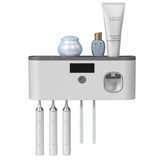 Toothbrush Holder Wall Mounted with Toothpaste Dispenser Bathroom Solar Charging and No Drilling Required Tooth Brush Holder with 5 Brush Slots