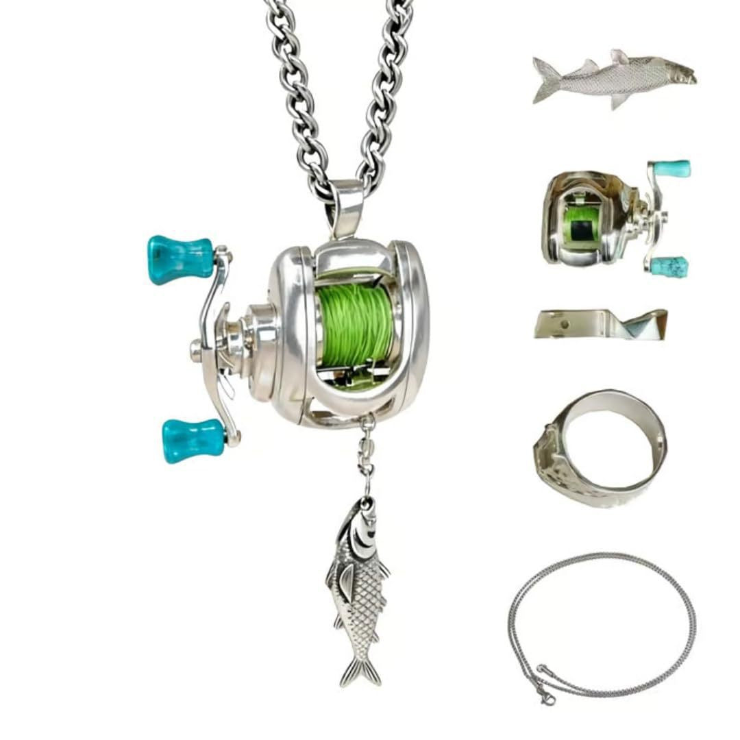 Fishing Reel Necklace Rotating Handle Swirling Reel Pendant