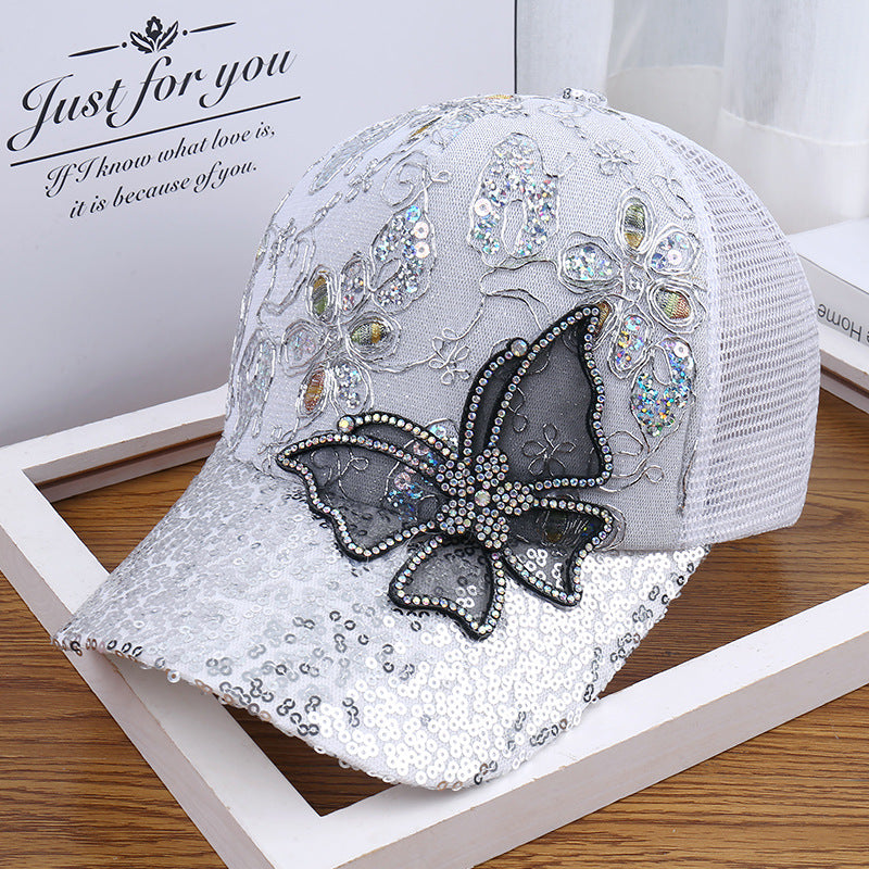 Sequined Rhinestone Baseball Cap Outdoor Summer Shade Ladies Big Butterfly Cap