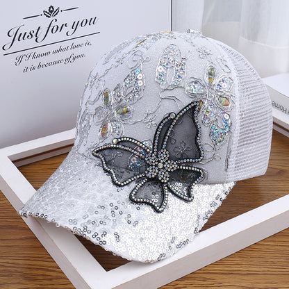 Sequined Rhinestone Baseball Cap Outdoor Summer Shade Ladies Big Butterfly Cap