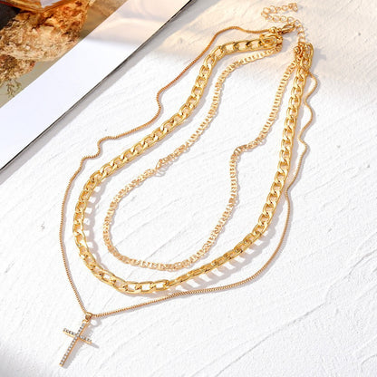 Stackable Gold & Silver Cross Pendant Chokers, Trendy 3-Layer Gift