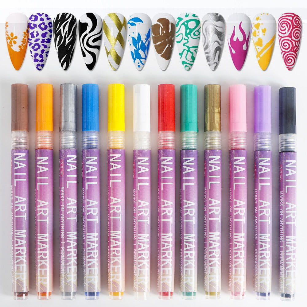 12 Colors 0.5MM Nail Art Graffiti Pens Set for 3D Nail Art, Nail Painting