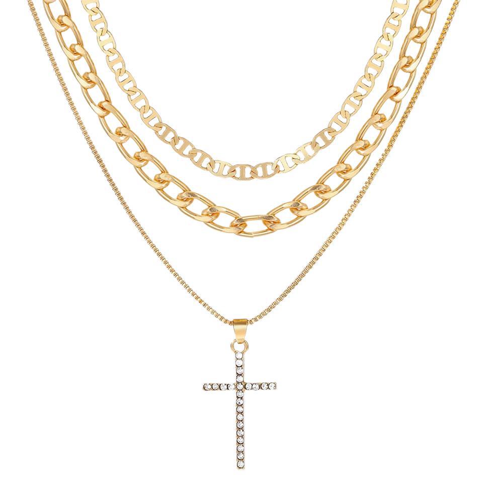 Stackable Gold & Silver Cross Pendant Chokers, Trendy 3-Layer Gift