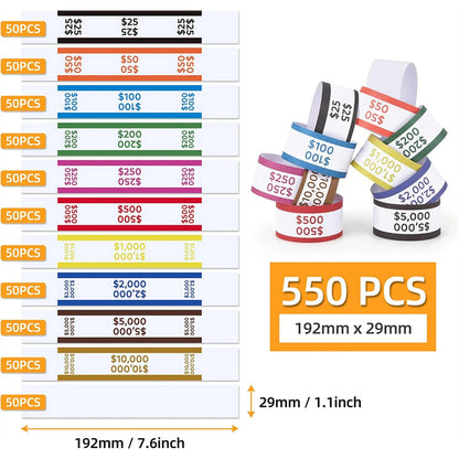 550 Pack Money Bands for Cash Self Adhesive Wrappers for Bills 11 Colors