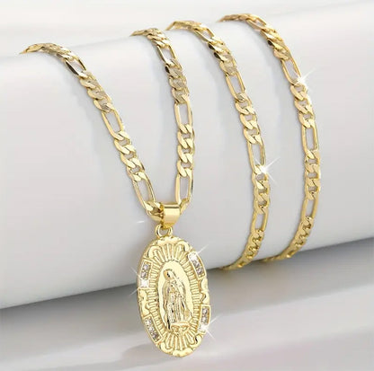 Guadalupe Virgin Mary Oval Zircon Inlay Pendant Necklace for Women Men