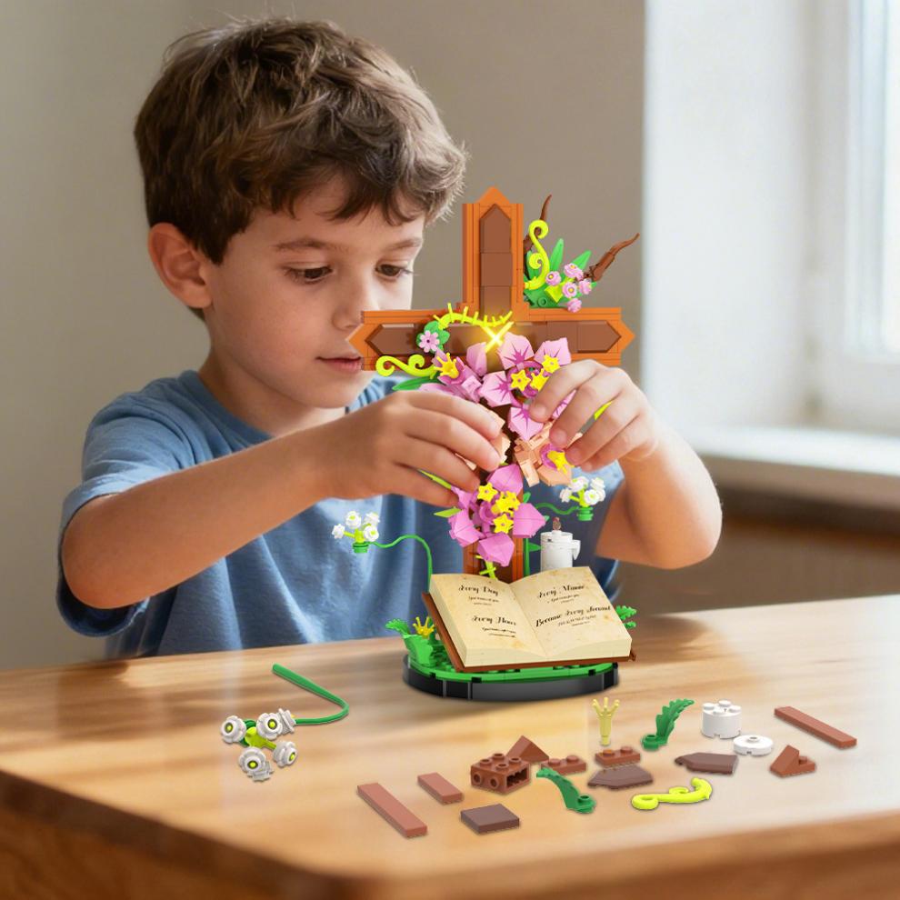 363 PCS Jesus Building Block Set Christian Cross Flower with Floral Elements Model Building Block