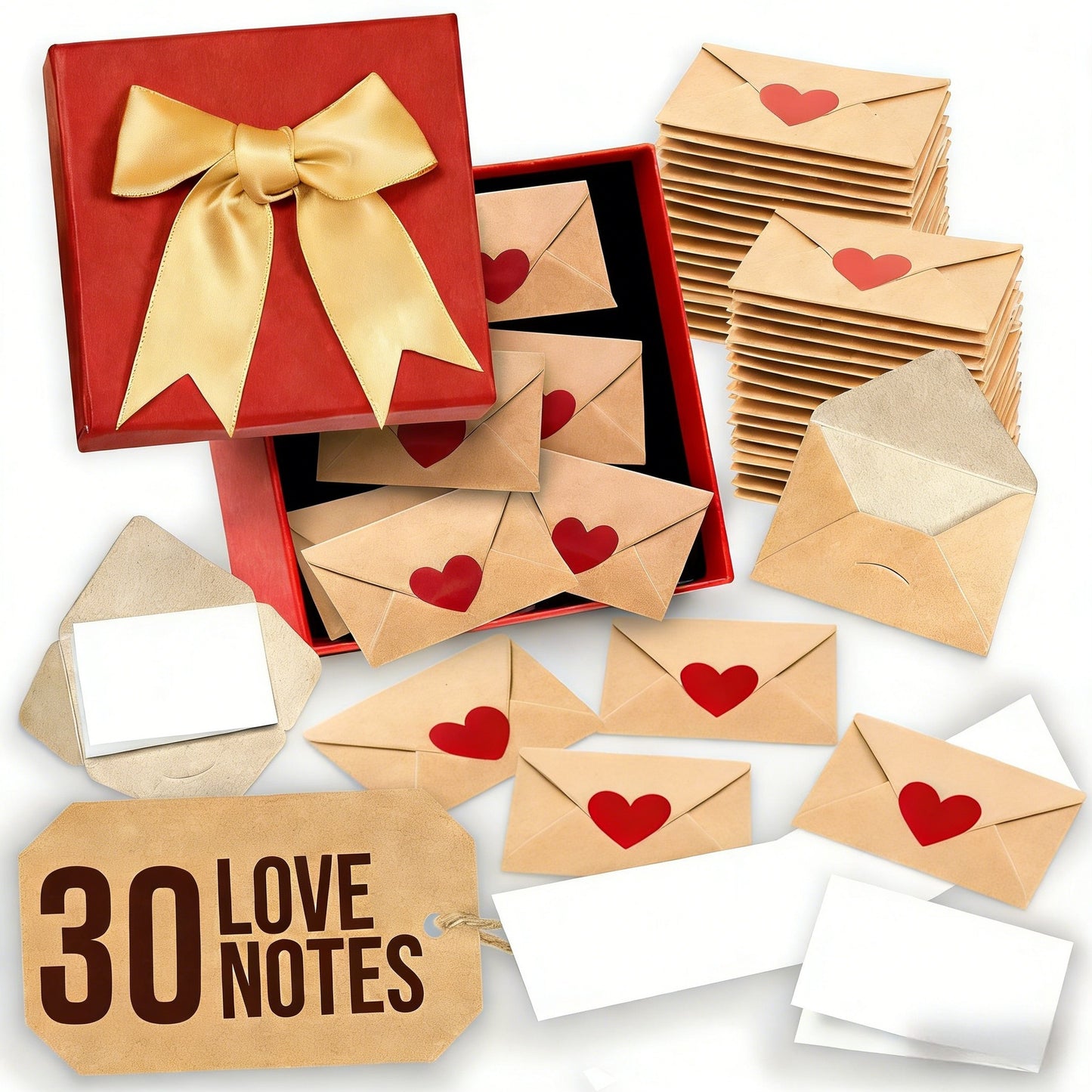 30Pcs DIY Love Notes Box - Mini Blank Cards & Envelopes for Him Her, Valentines Day Note Cards