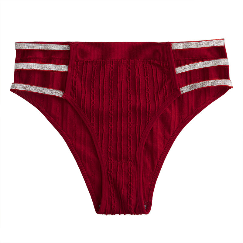 5Pcs Shiny Waistband Women's Low Rise Panties, Ribbed Cotton