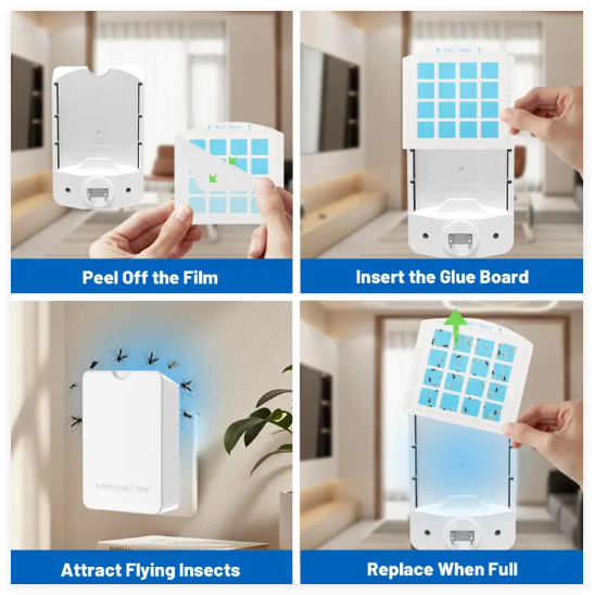 Flying Insect Trap for Indoor Use – Plug-in Bug Catcher with 5 Refill Cartridges & Blue/UV Light Technology – Mess-Free Solution for Gnats,