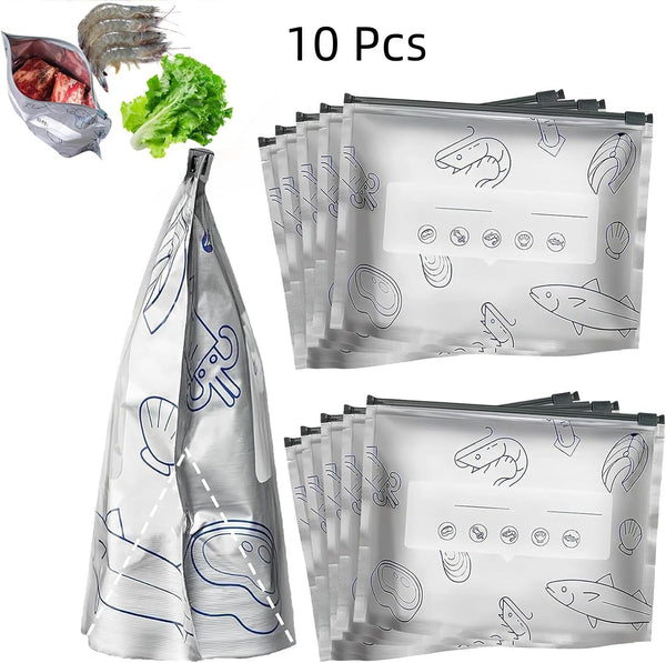 10Pcs Reusable Aluminum Foil Sealable Storage Bags,Seafood Meat Self-sealing Freezer Bags,bags with labels and zippersmade