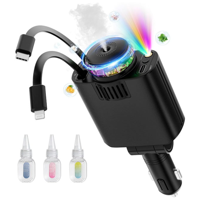Retractable Car Charger with Aromatherapy and Starlight, Fast Charging Compatible with iPhone Android
