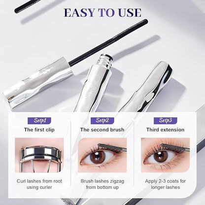2Pcs Waterproof Mascara & Lash Primer in Steel Tube for 24H Curl, No Smudge