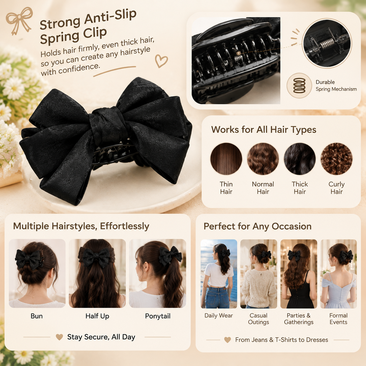 Women's & Girls' 2-Pack Lightweight Butterfly Bow Claw Hair Clips