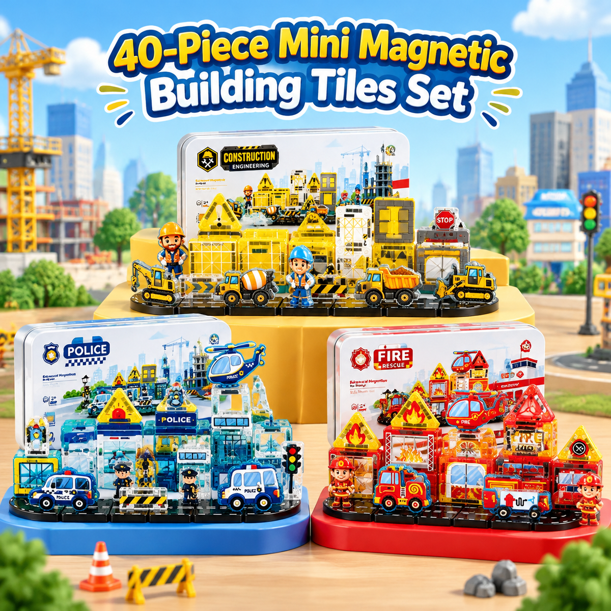 40 Pcs Mini Magnetic Tiles Construction Building Blocks Toy with Iron Storage Box